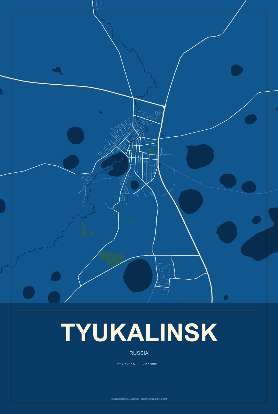 Tyukalinsk, Russia City Map Aluminum Sign in Harbor Cobalt style