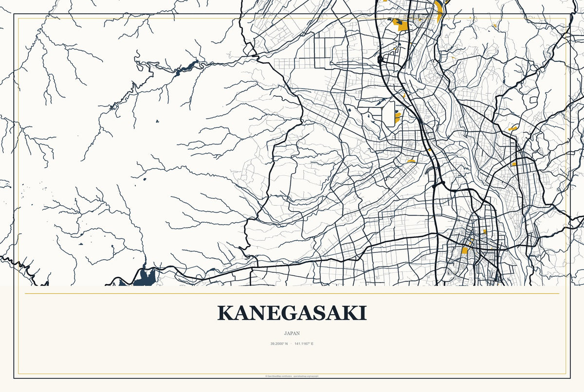 Kanegasaki, Japan City Map Aluminum Sign in Citrine Modern style