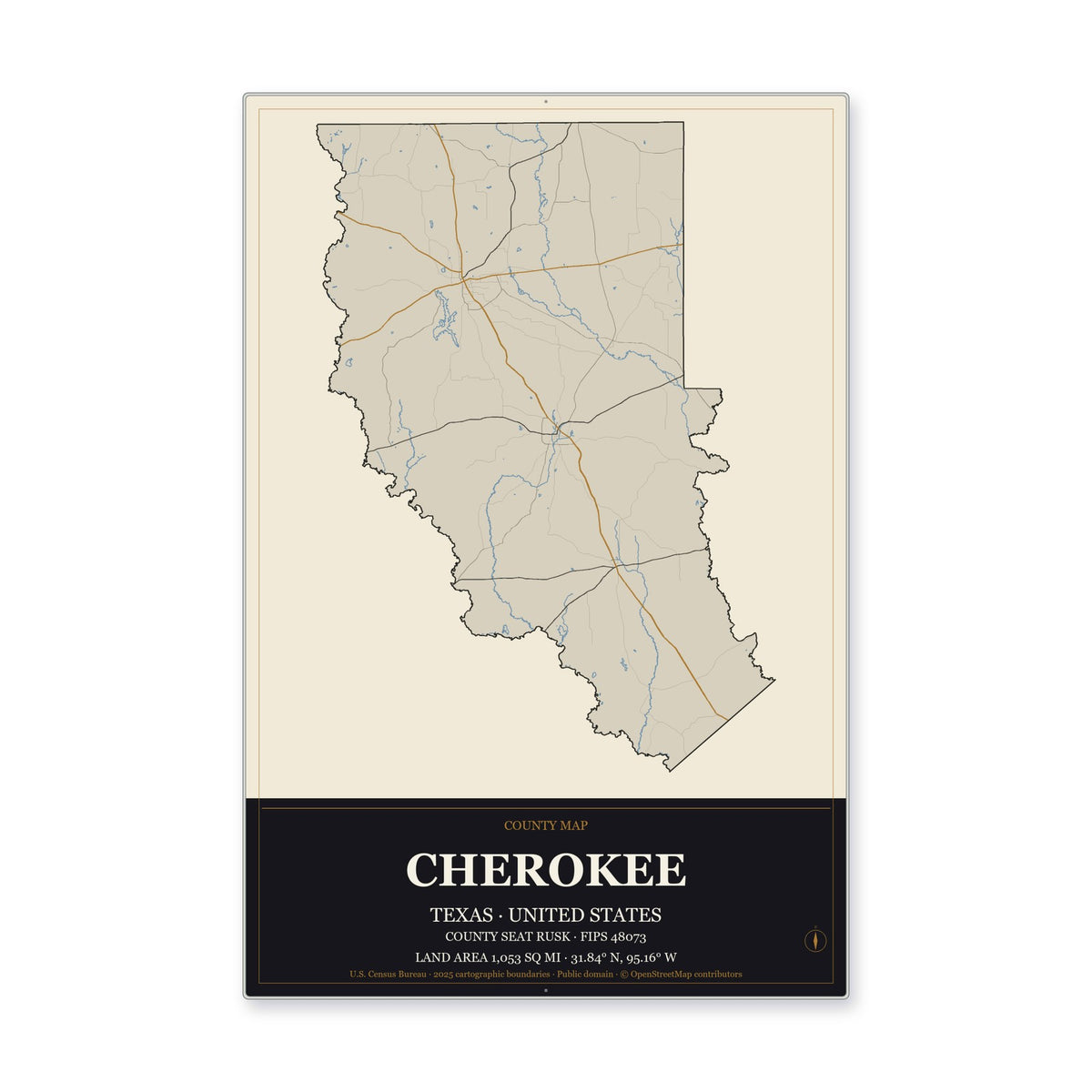 Cherokee County, Texas Map Aluminum Sign in Museum Plaque style