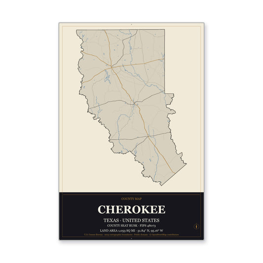 Cherokee County, Texas Map Aluminum Sign in Museum Plaque style