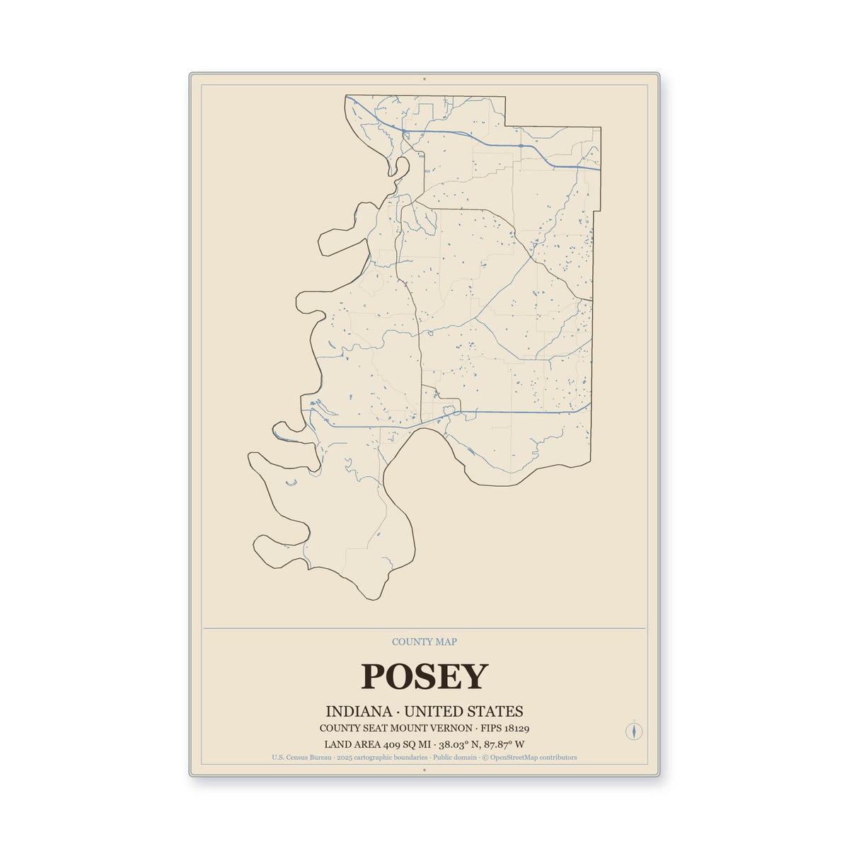 Posey County, Indiana Map Aluminum Sign in Heritage Nautical style