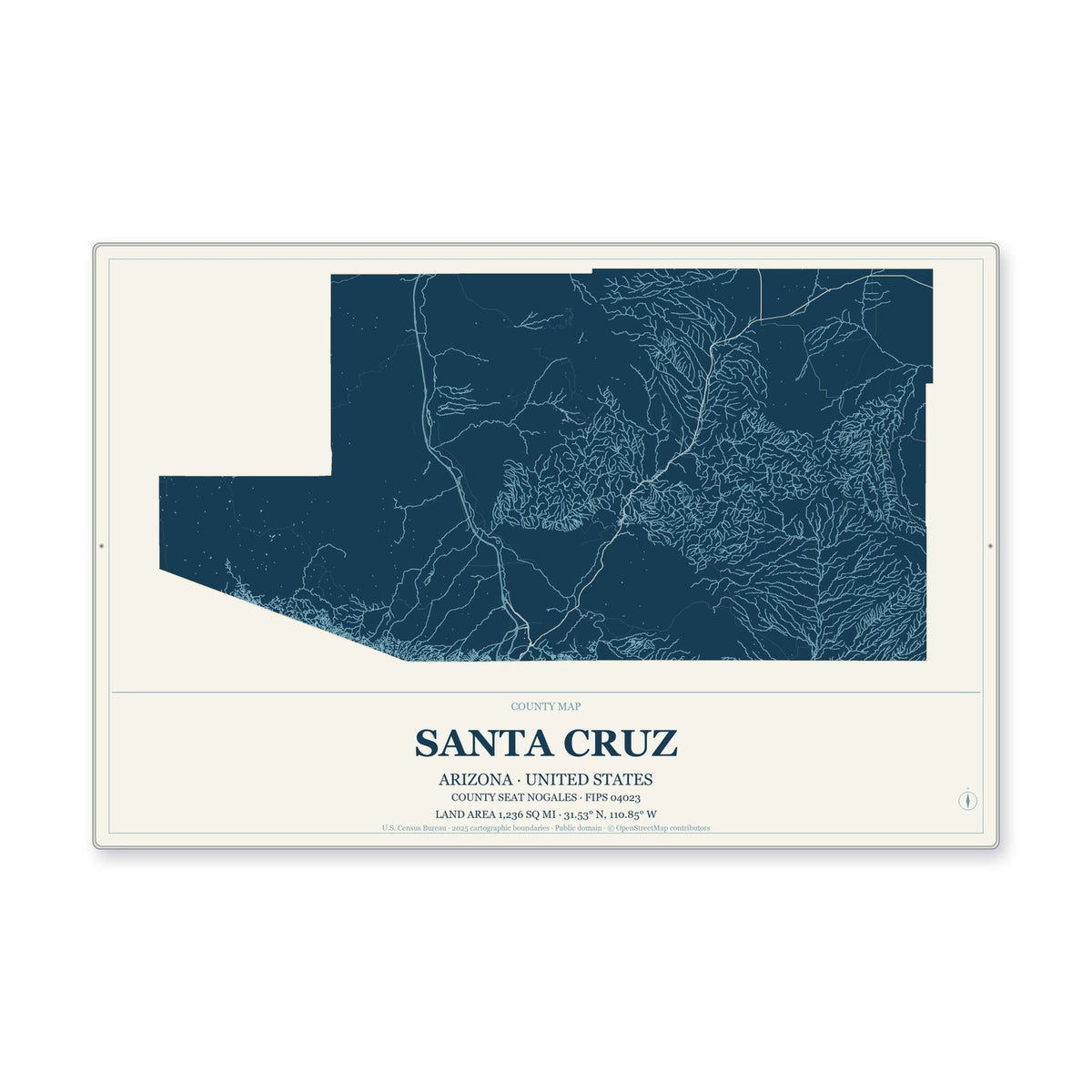 Santa Cruz County, Arizona Map Aluminum Sign in Coastal Cutout style