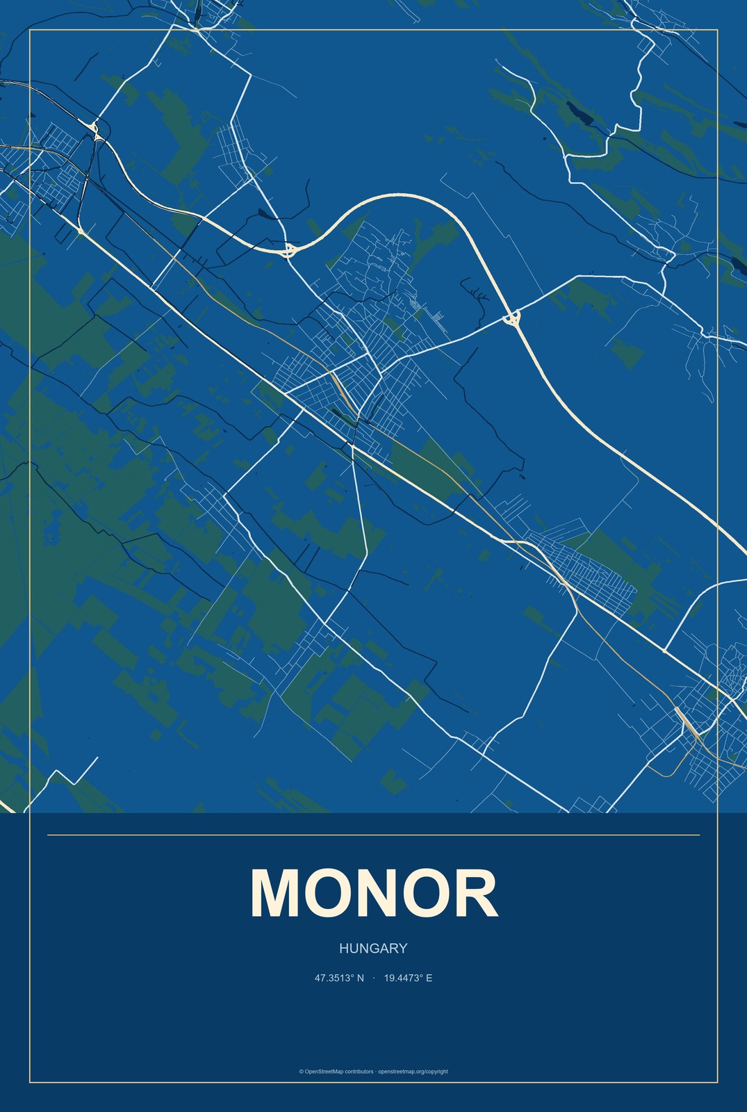 Monor, Hungary City Map Aluminum Sign in Harbor Cobalt style