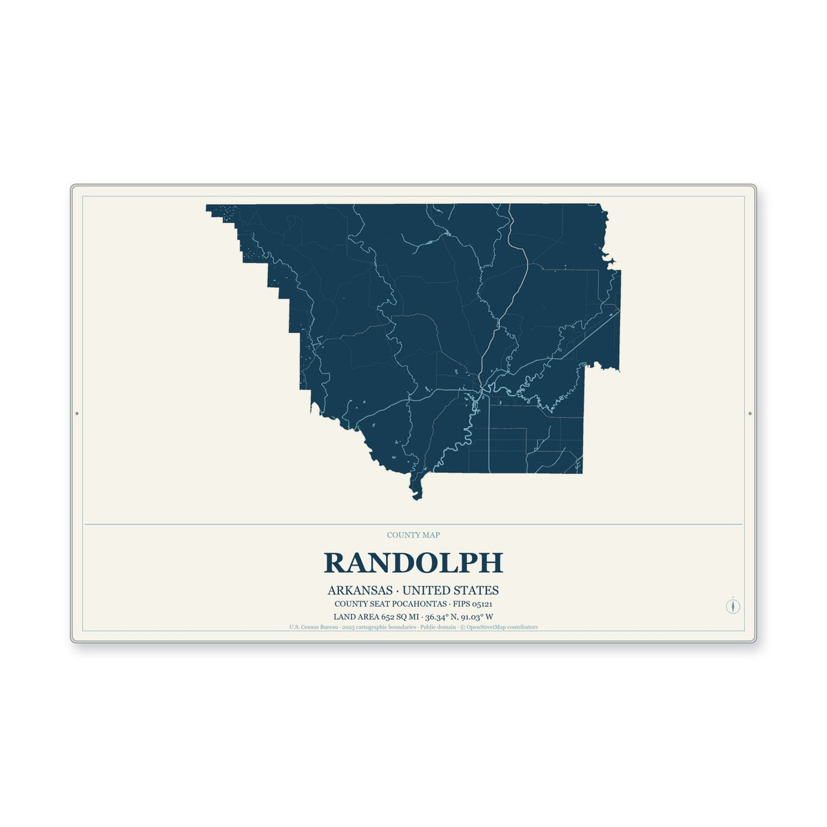 Randolph County, Arkansas Map Aluminum Sign in Coastal Cutout style