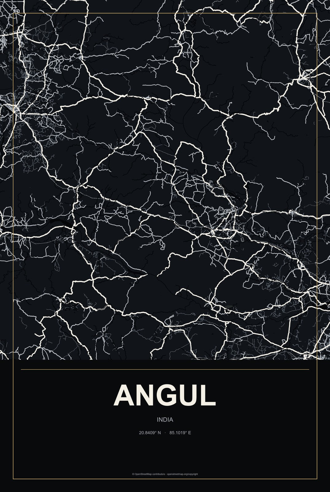 Angul, India City Map Aluminum Sign in Metropolitan Noir style