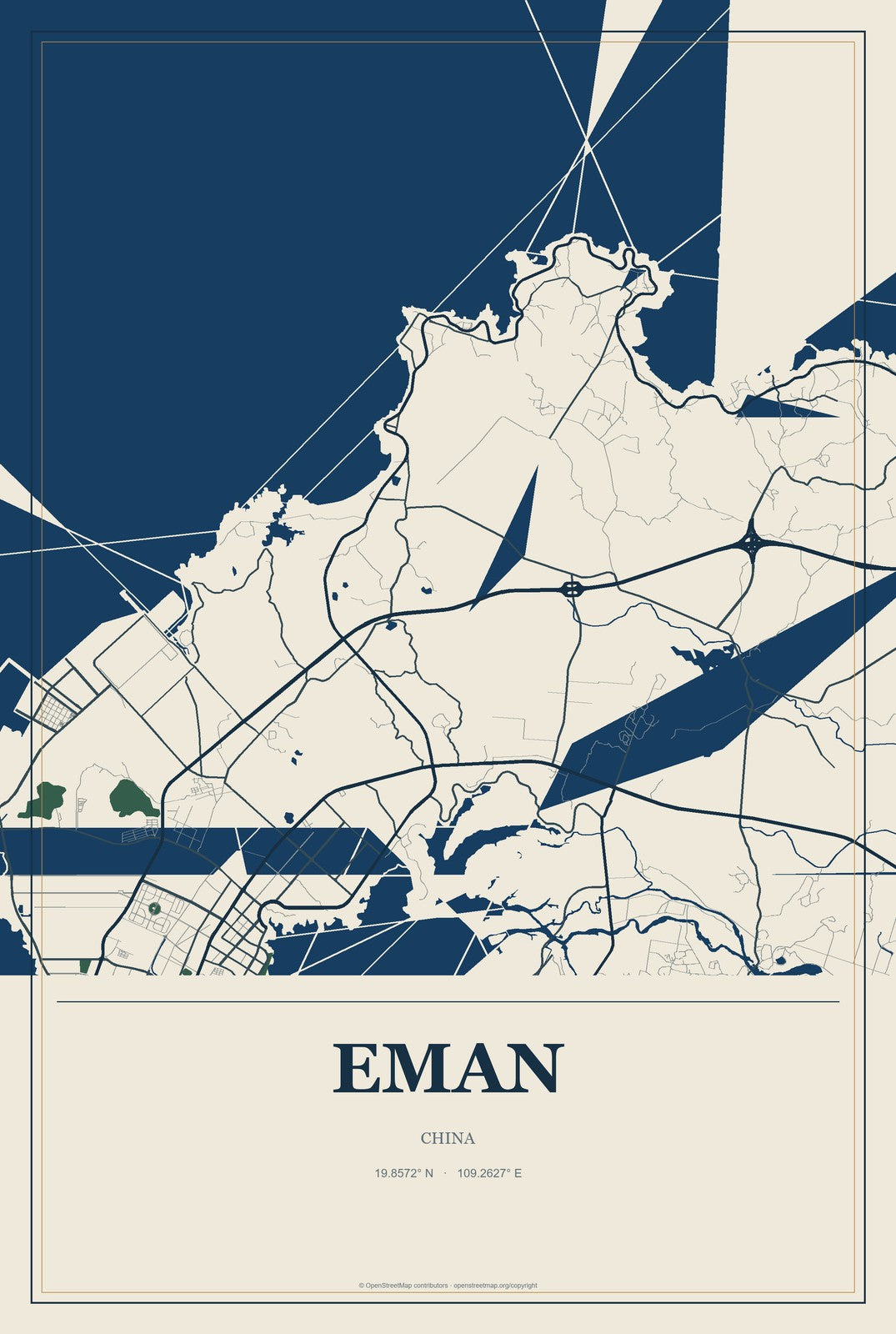 Eman, China City Map Aluminum Sign in Coastal Cutout style