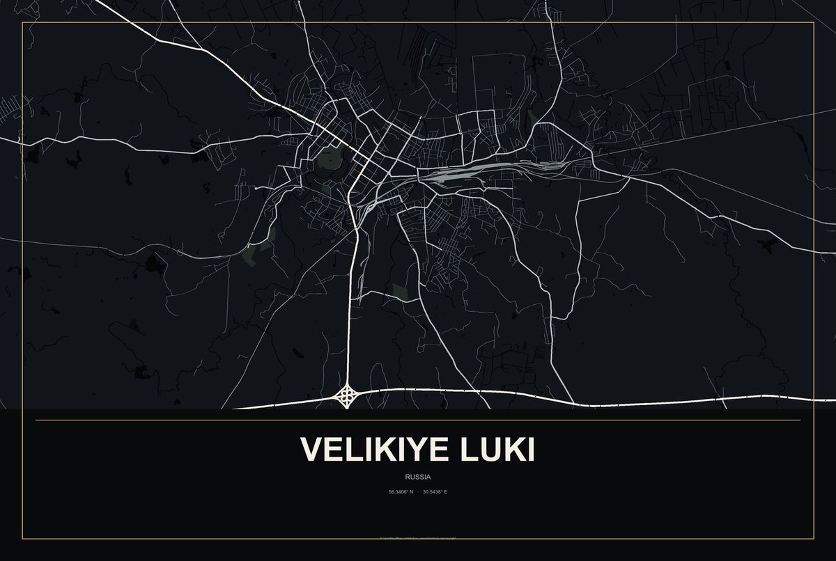 Velikiye Luki, Russia City Map Aluminum Sign in Metropolitan Noir style