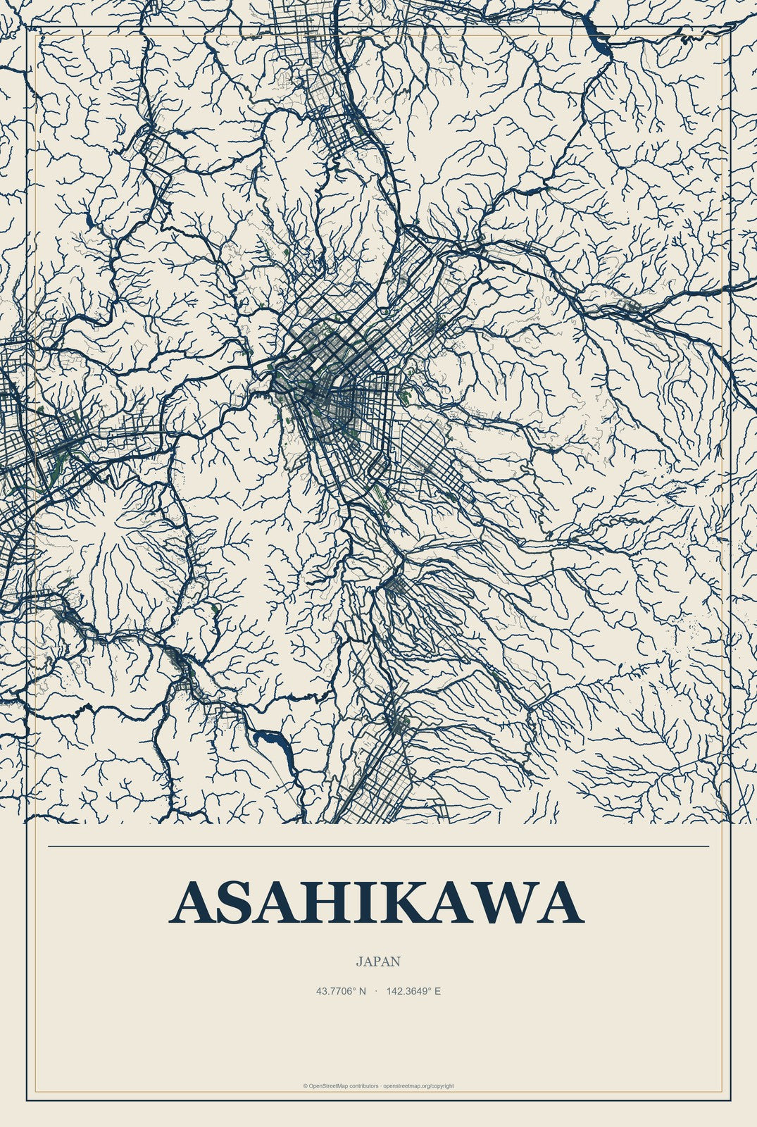 Asahikawa, Japan City Map Aluminum Sign in Coastal Cutout style