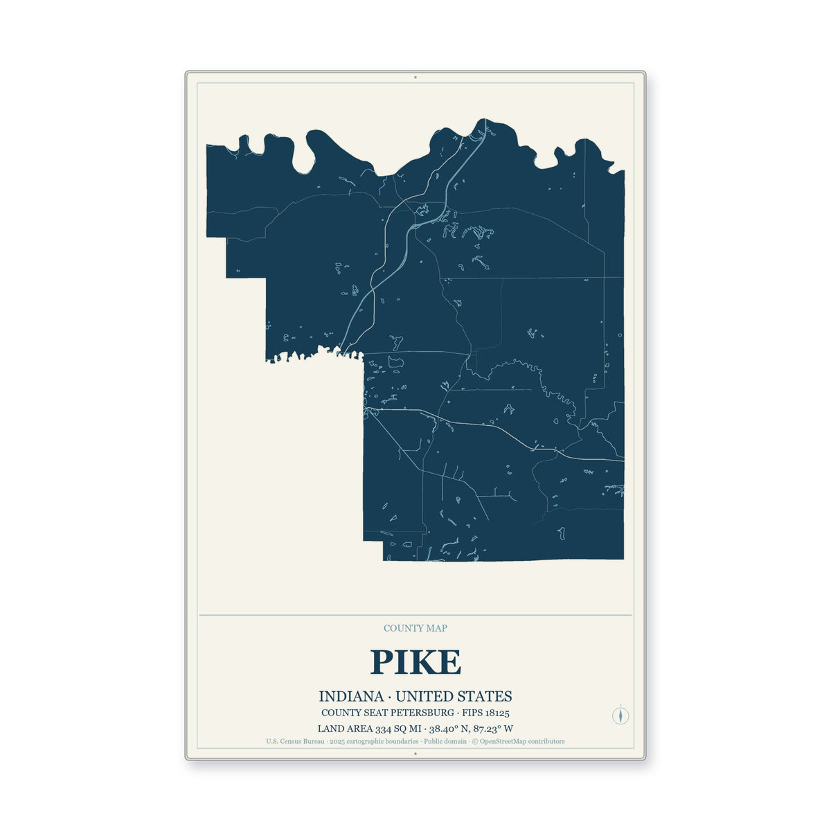 Pike County, Indiana Map Aluminum Sign in Coastal Cutout style
