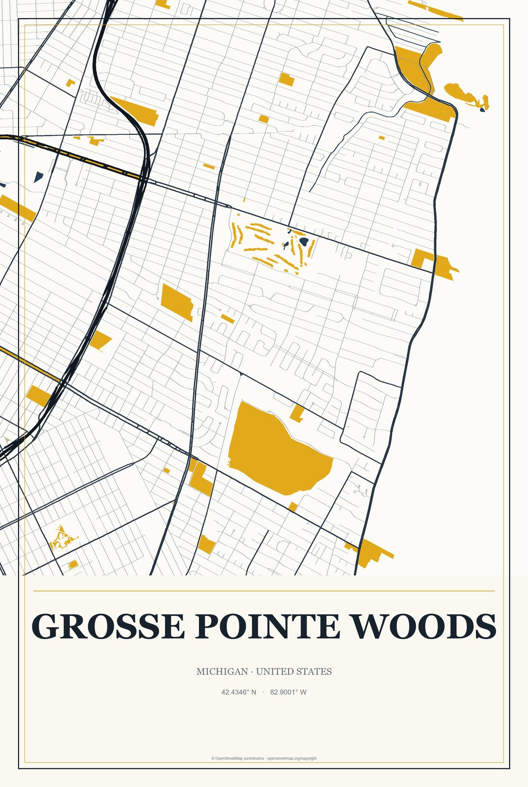Grosse Pointe Woods, Michigan City Map Aluminum Sign in Citrine Modern style
