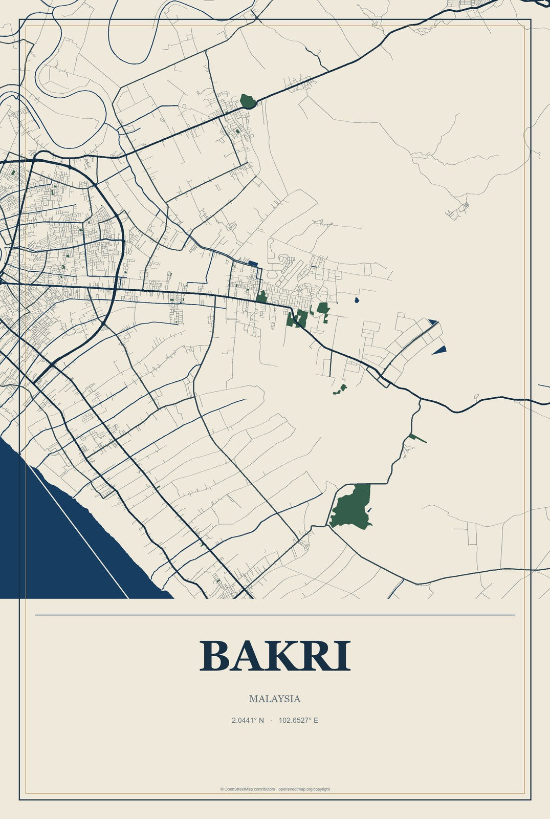 Bakri, Malaysia City Map Aluminum Sign in Coastal Cutout style
