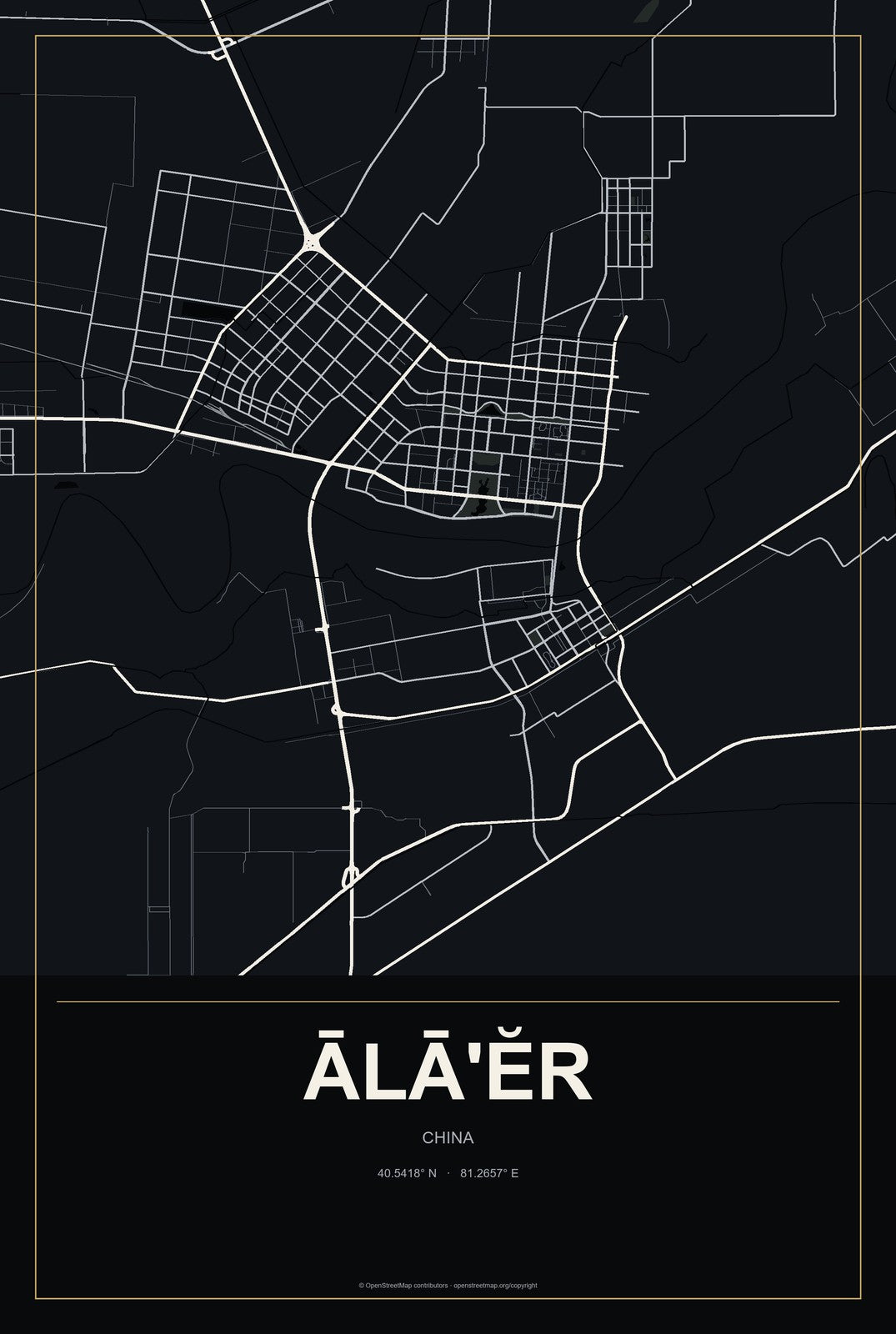 Ālā'ĕr, China City Map Aluminum Sign in Metropolitan Noir style