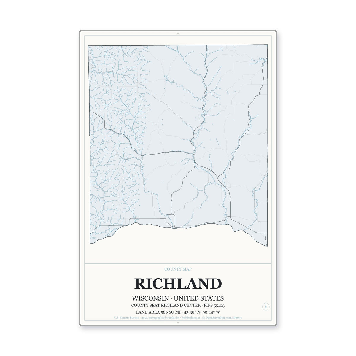 Richland County, Wisconsin Map Aluminum Sign in Gallery Air style