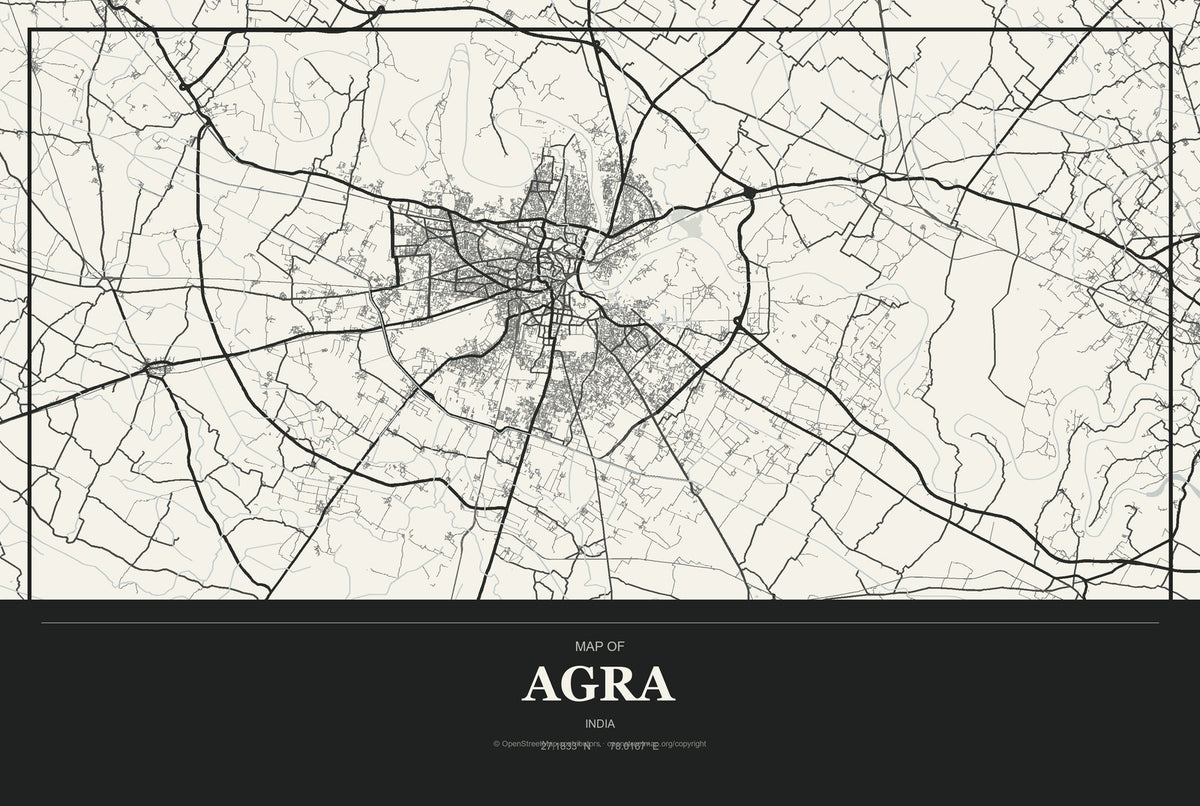 Agra, India City Map Aluminum Sign in Museum Plaque style