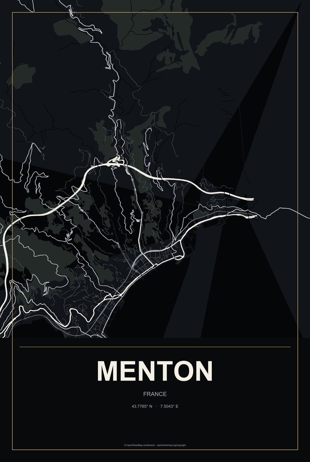Menton, France City Map Aluminum Sign in Metropolitan Noir style