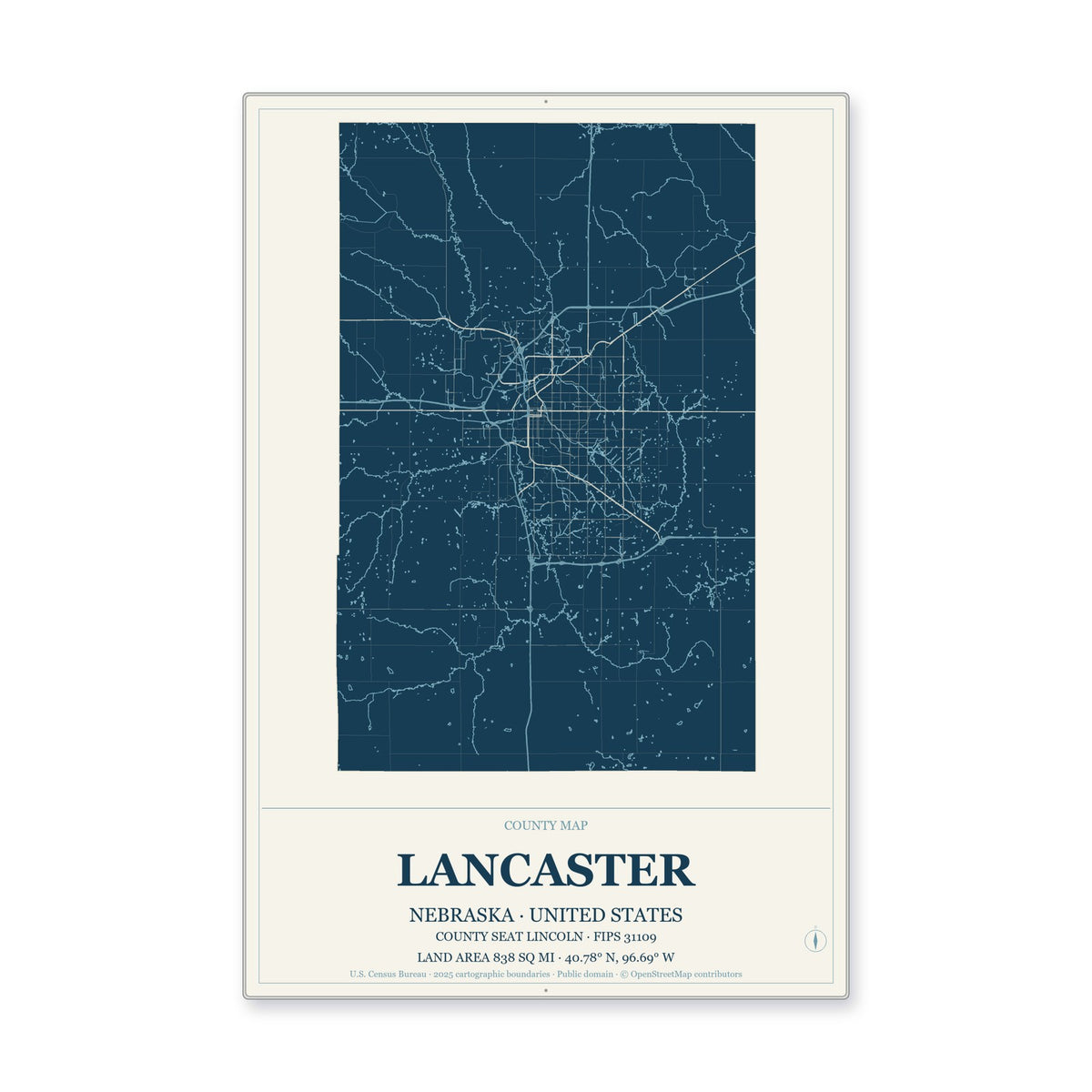 Lancaster County, Nebraska Map Aluminum Sign in Coastal Cutout style