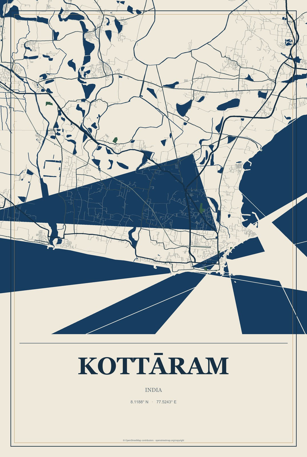Kottāram, India City Map Aluminum Sign in Coastal Cutout style