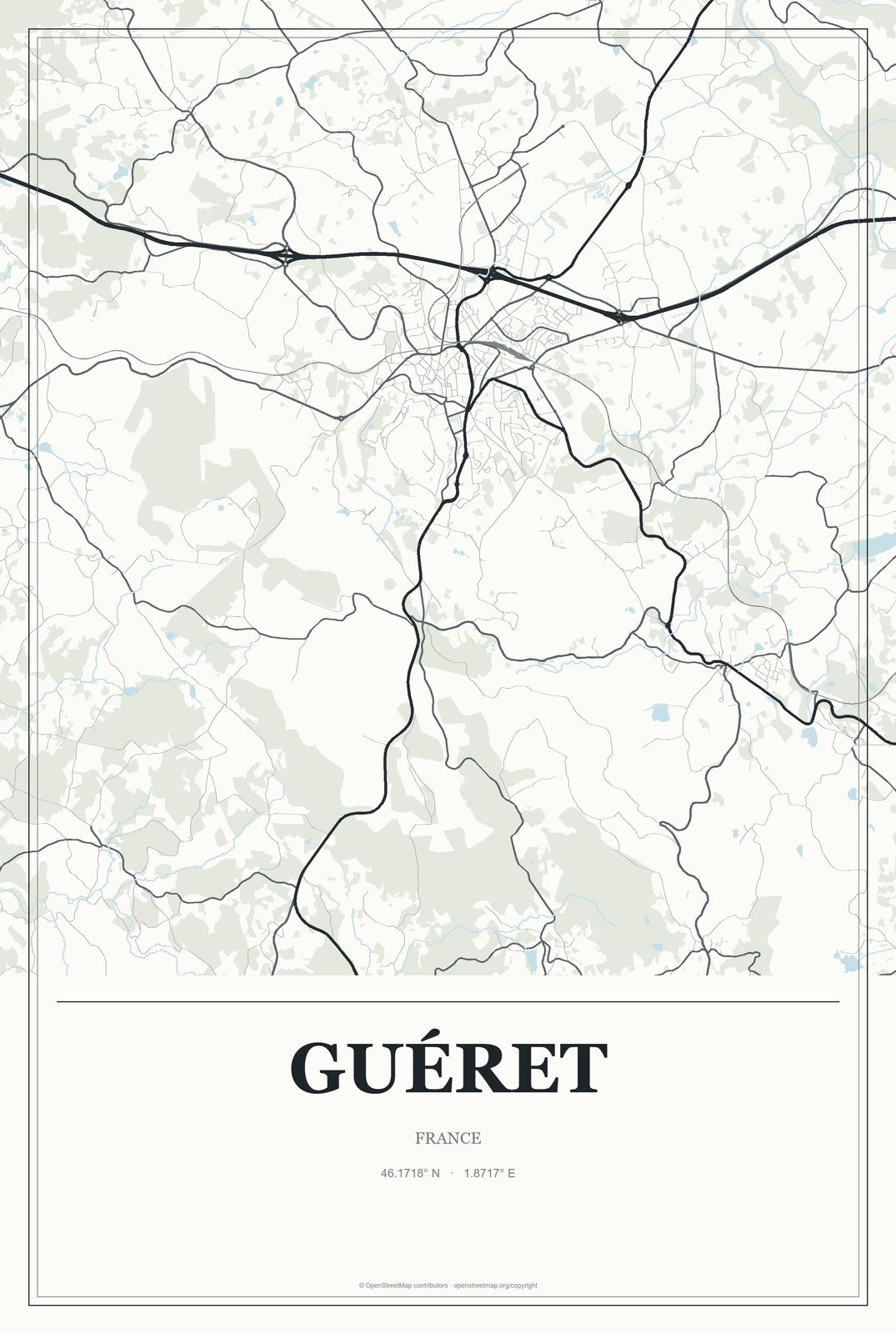 Guéret, France City Map Aluminum Sign in Gallery Air style
