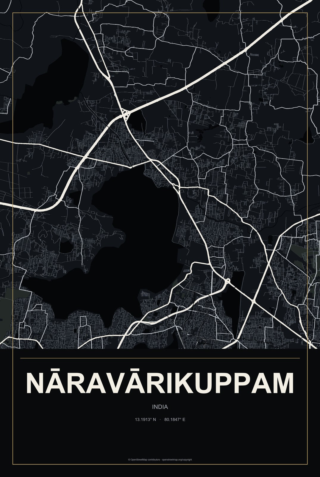 Nāravārikuppam, India City Map Aluminum Sign in Metropolitan Noir style