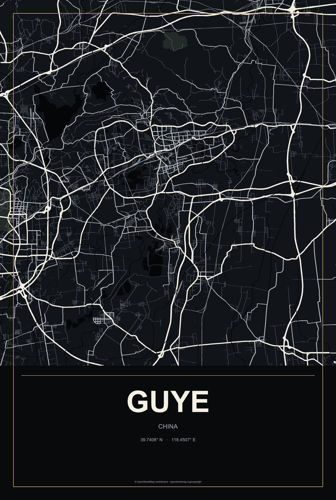 Guye, China City Map Aluminum Sign in Metropolitan Noir style