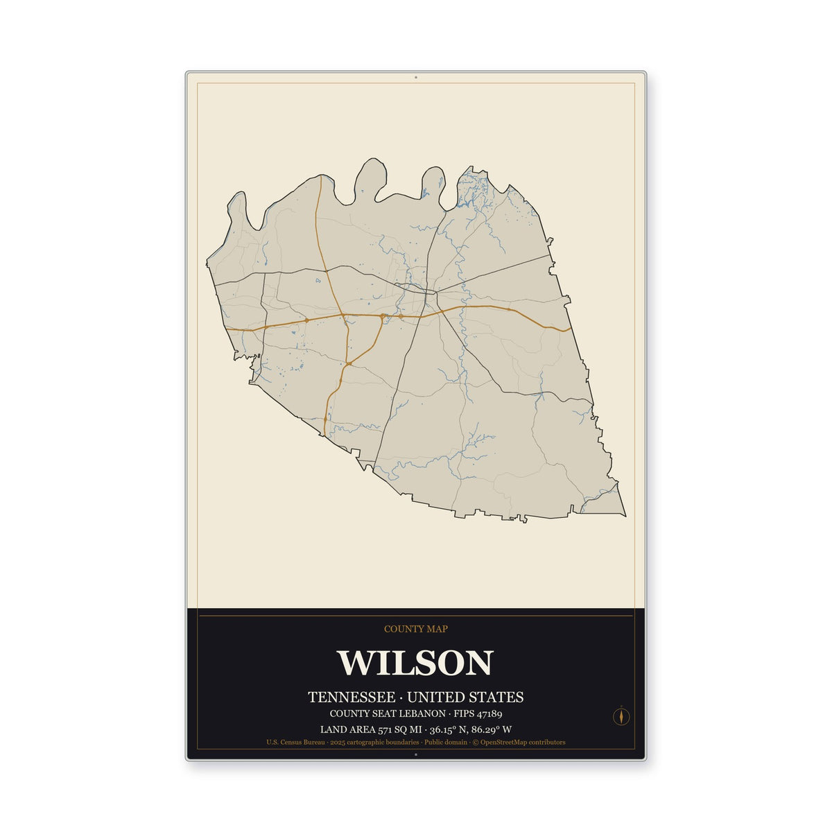 Wilson County, Tennessee Map Aluminum Sign in Museum Plaque style