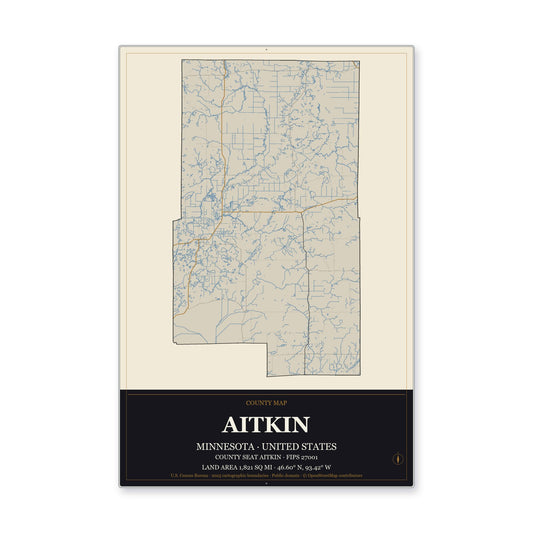Aitkin County, Minnesota Map Aluminum Sign in Museum Plaque style