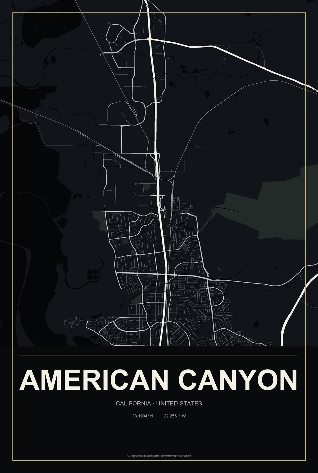 American Canyon, California City Map Aluminum Sign in Metropolitan Noir style