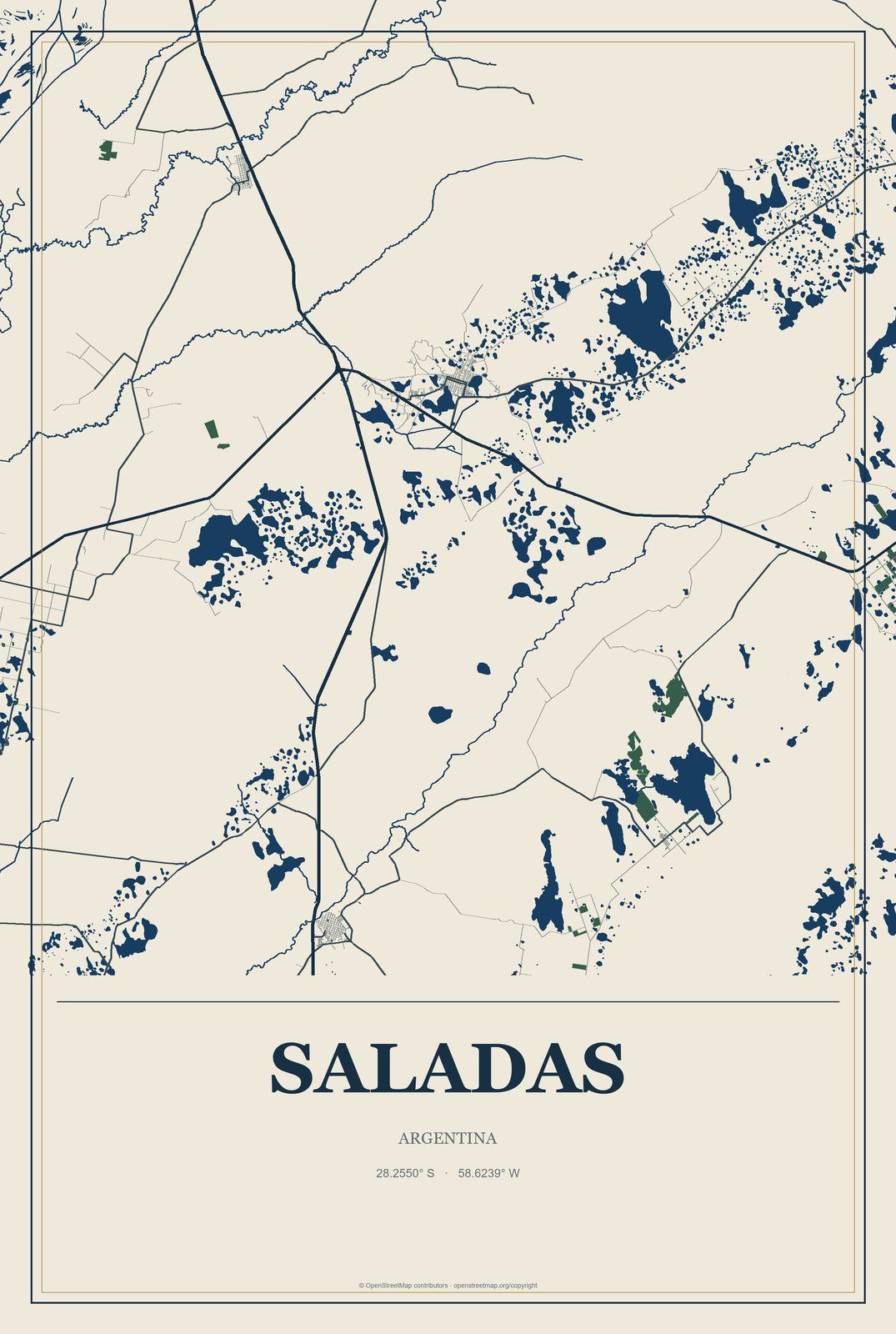 Saladas, Argentina City Map Aluminum Sign in Coastal Cutout style