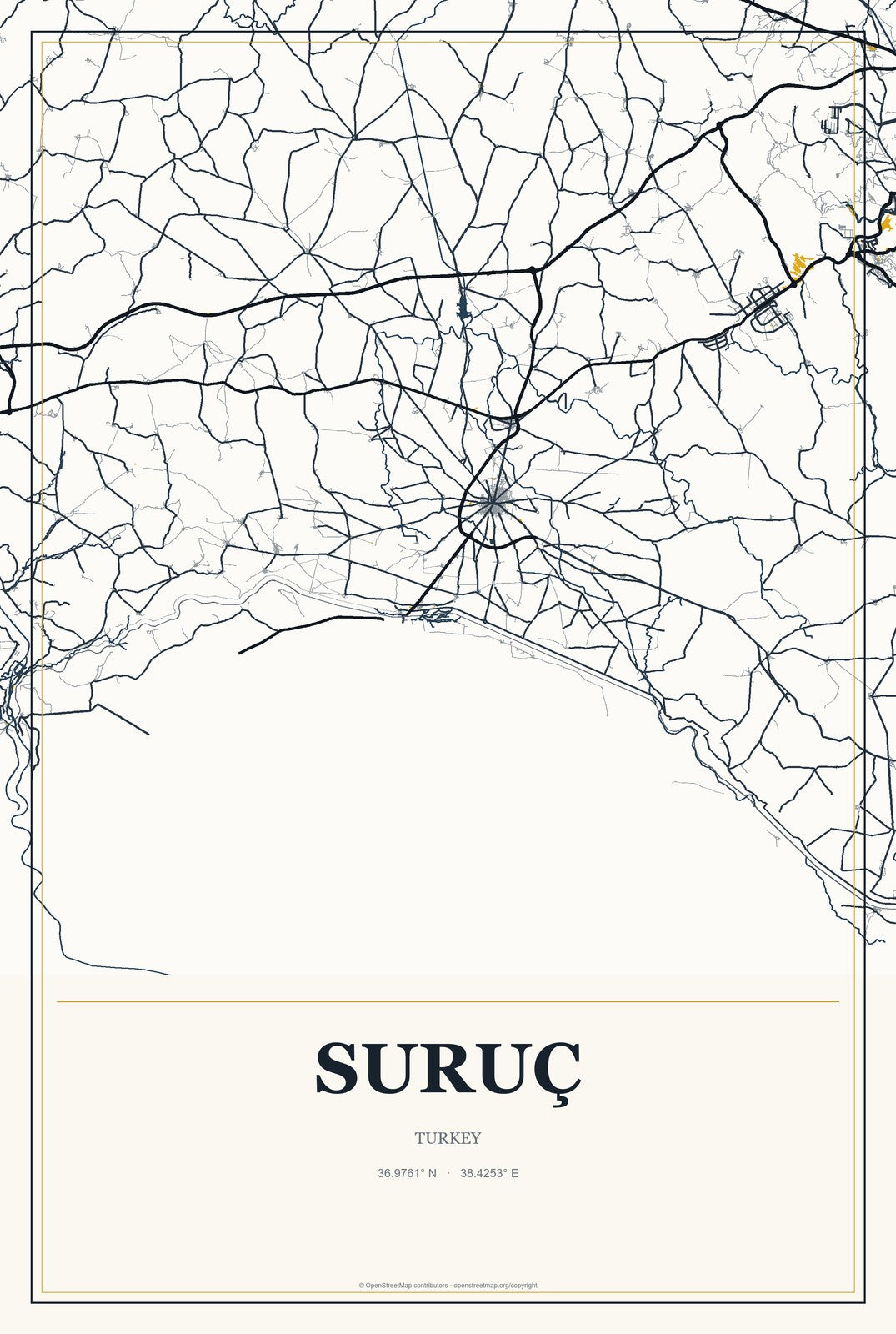 Suruç, Turkey City Map Aluminum Sign in Citrine Modern style