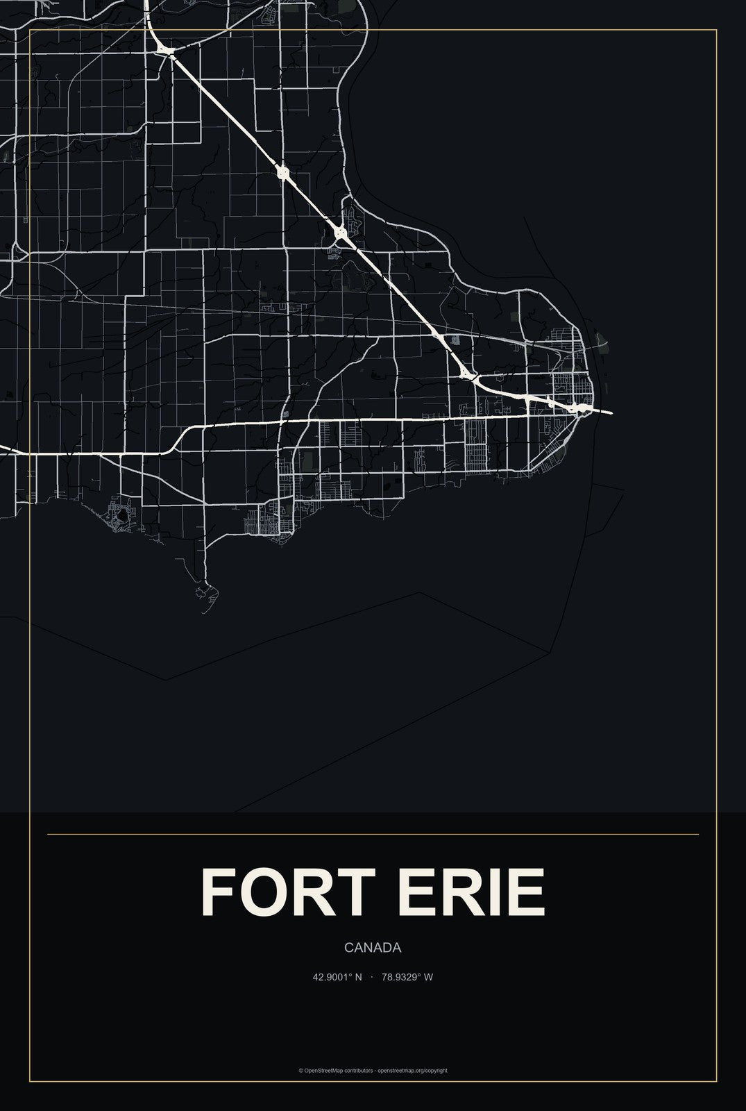 Fort Erie, Canada City Map Aluminum Sign in Metropolitan Noir style