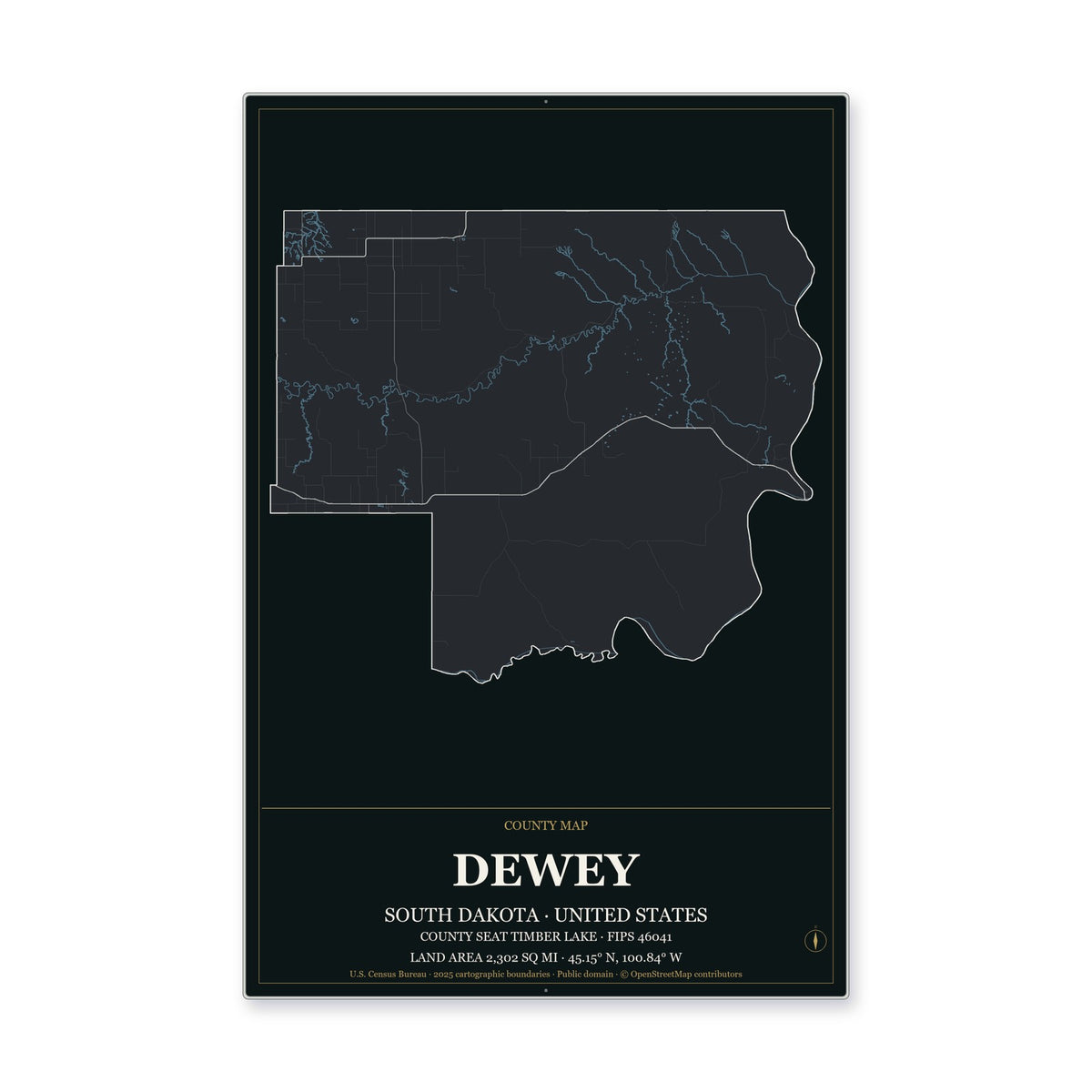 Dewey County, South Dakota Map Aluminum Sign in Metropolitan Noir style