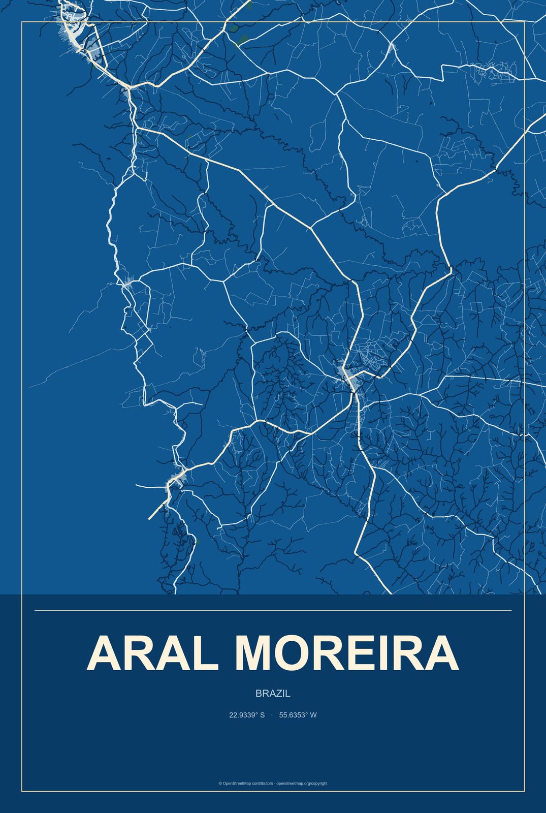 Aral Moreira, Brazil City Map Aluminum Sign in Harbor Cobalt style