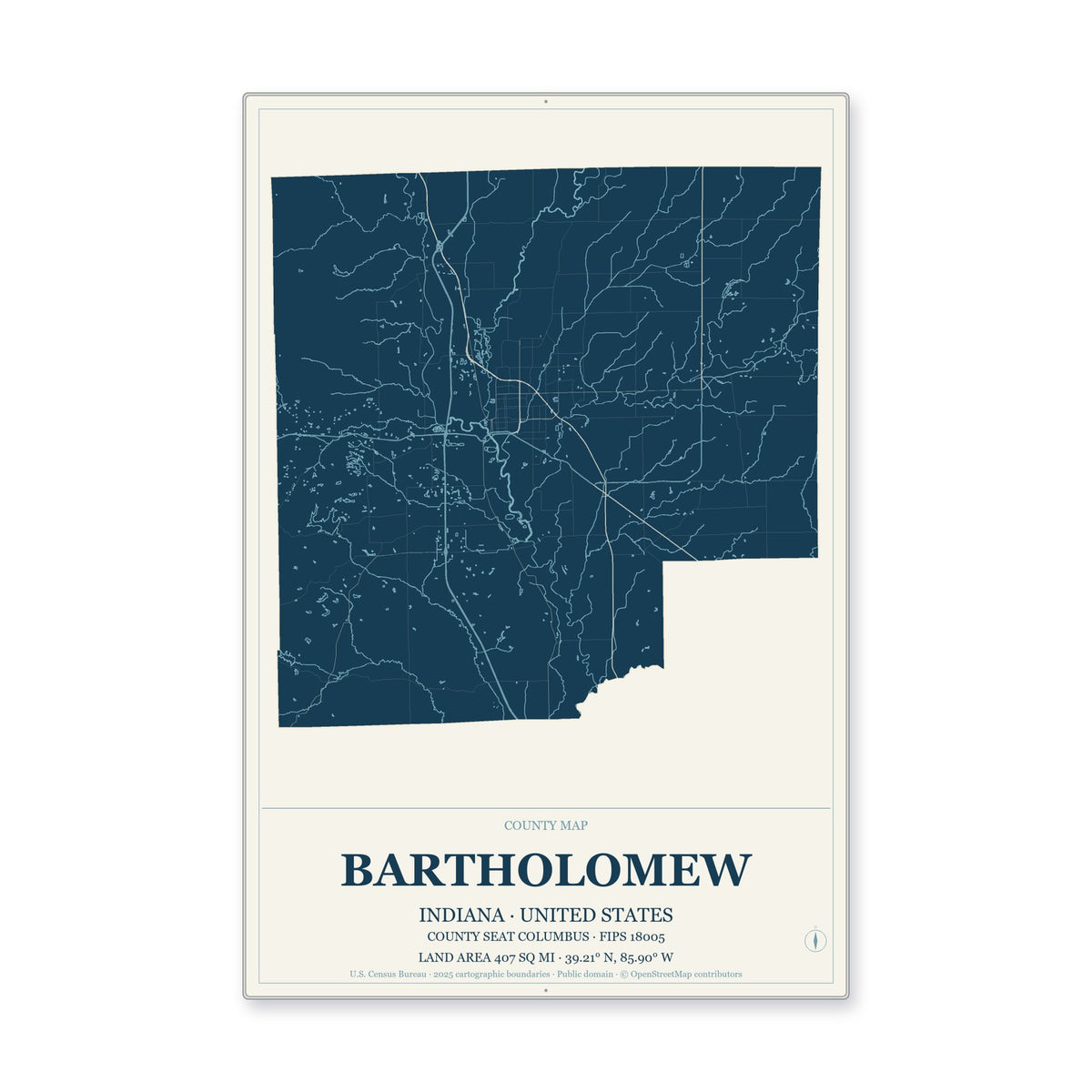 Bartholomew County, Indiana Map Aluminum Sign in Coastal Cutout style