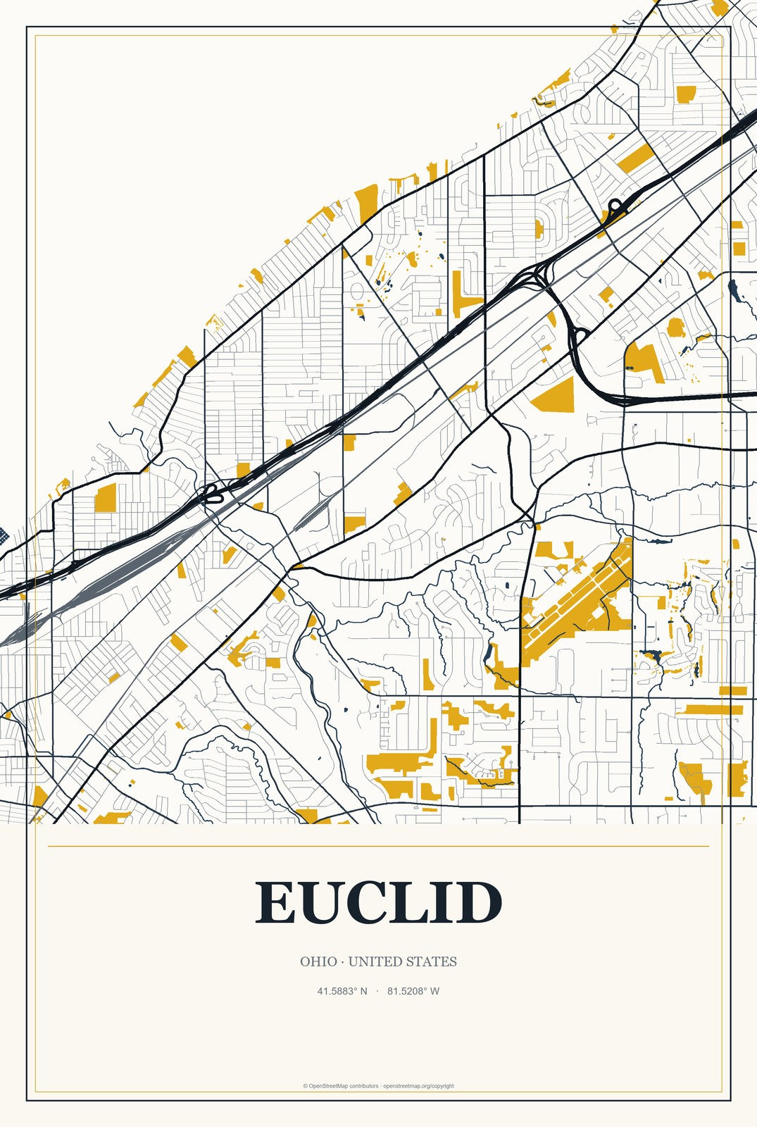 Euclid, Ohio City Map Aluminum Sign in Citrine Modern style