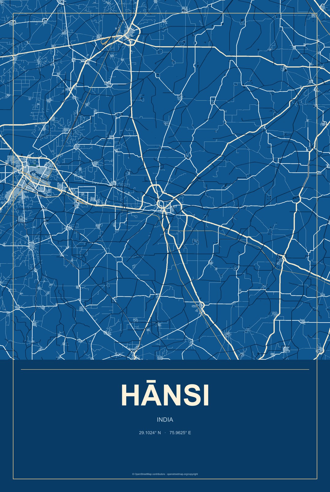 Hānsi, India City Map Aluminum Sign in Harbor Cobalt style
