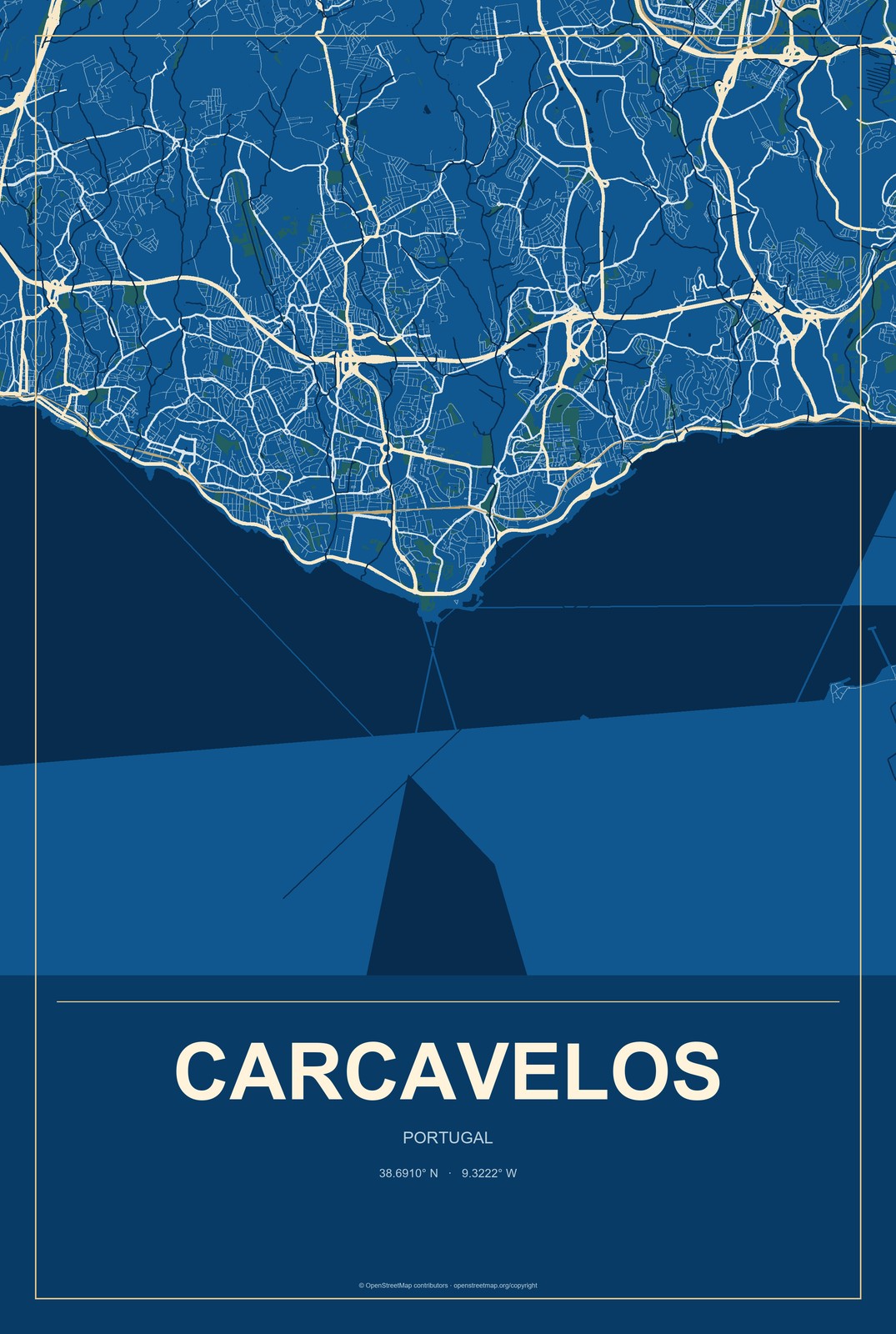 Carcavelos, Portugal City Map Aluminum Sign in Harbor Cobalt style