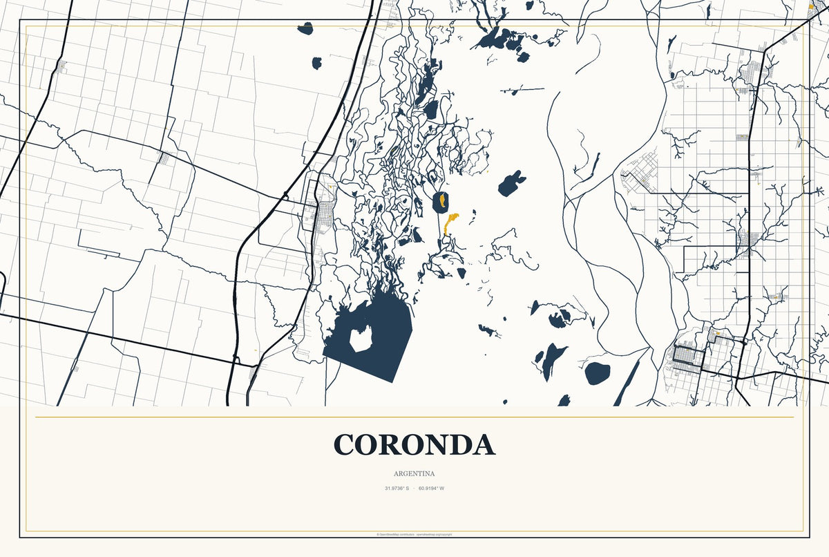 Coronda, Argentina City Map Aluminum Sign in Citrine Modern style