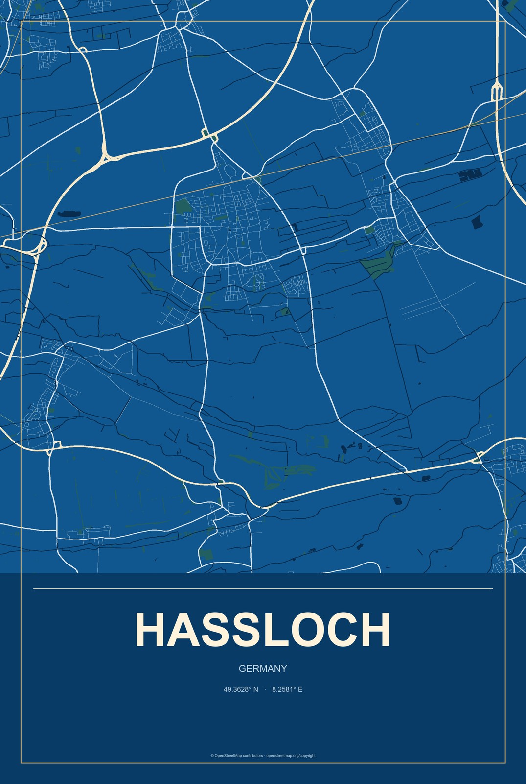 Haßloch, Germany City Map Aluminum Sign in Harbor Cobalt style