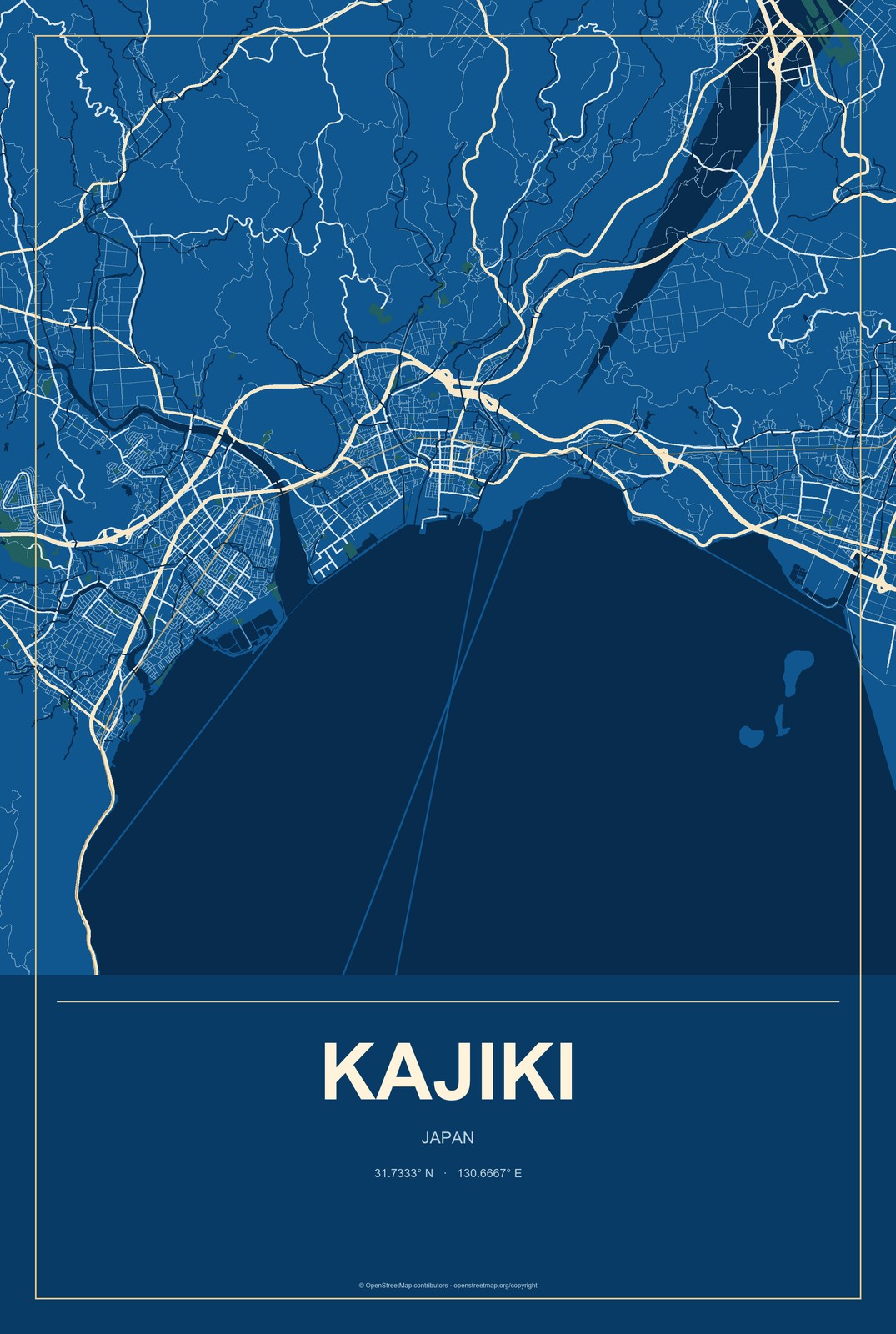 Kajiki, Japan City Map Aluminum Sign in Harbor Cobalt style