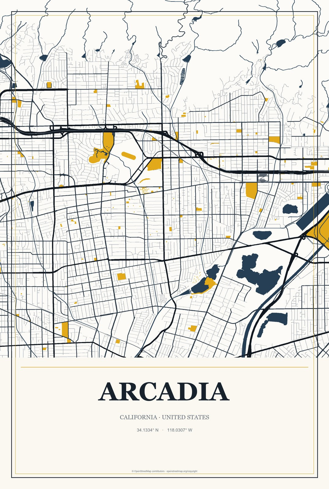 Arcadia, California City Map Aluminum Sign in Citrine Modern style