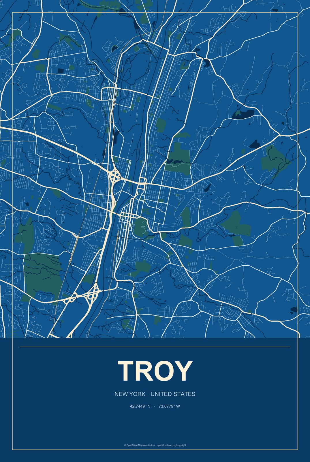 Troy, New York City Map Aluminum Sign in Harbor Cobalt style