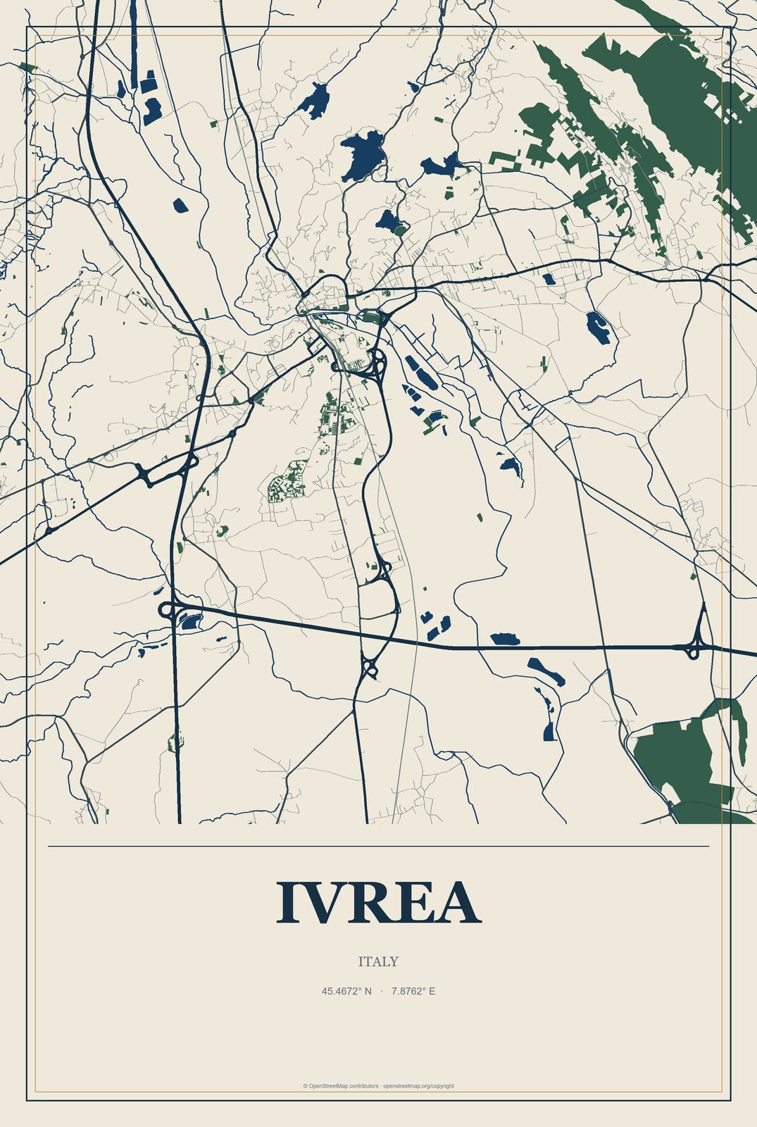 Ivrea, Italy City Map Aluminum Sign in Coastal Cutout style