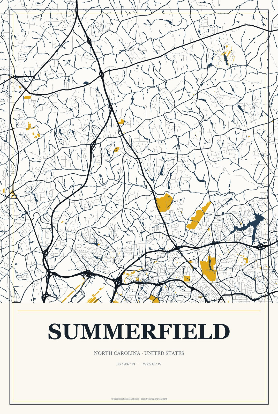 Summerfield, North Carolina City Map Aluminum Sign in Citrine Modern style