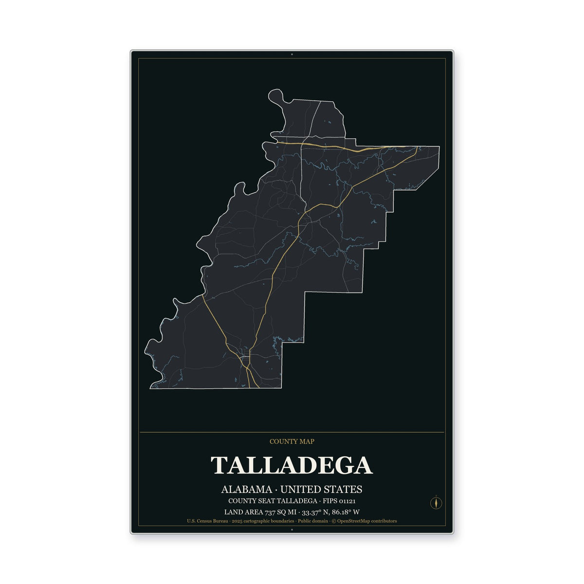 Talladega County, Alabama Map Aluminum Sign in Metropolitan Noir style