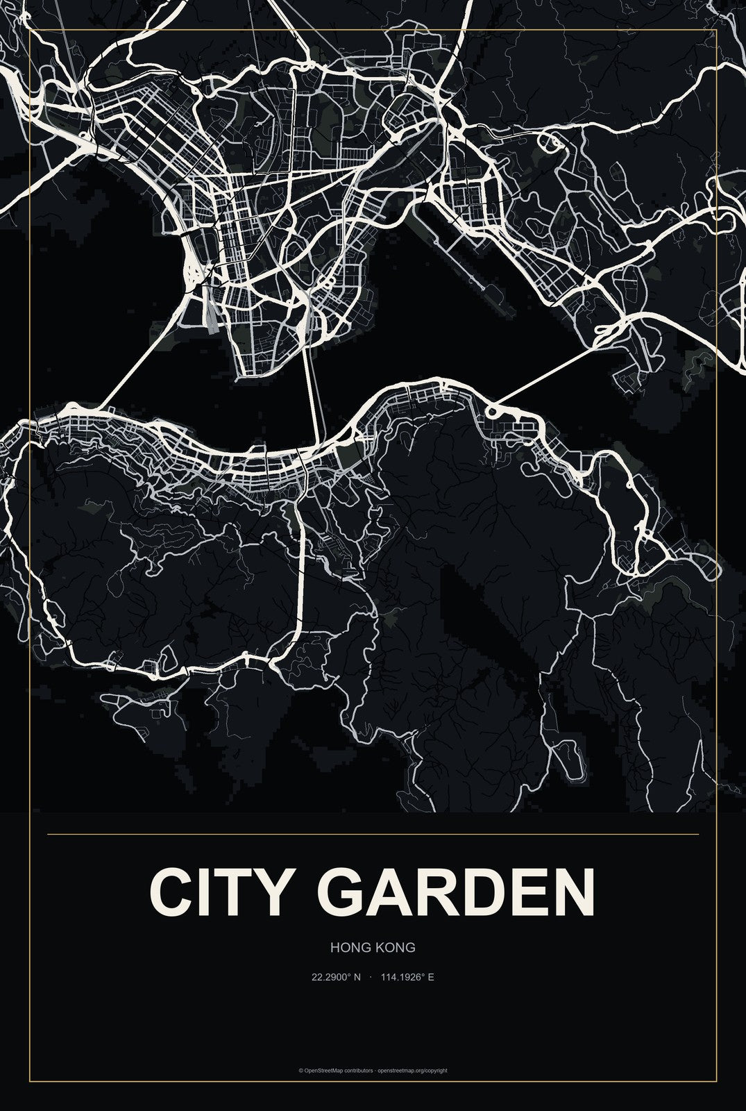 City Garden, Hong Kong City Map Aluminum Sign in Metropolitan Noir style
