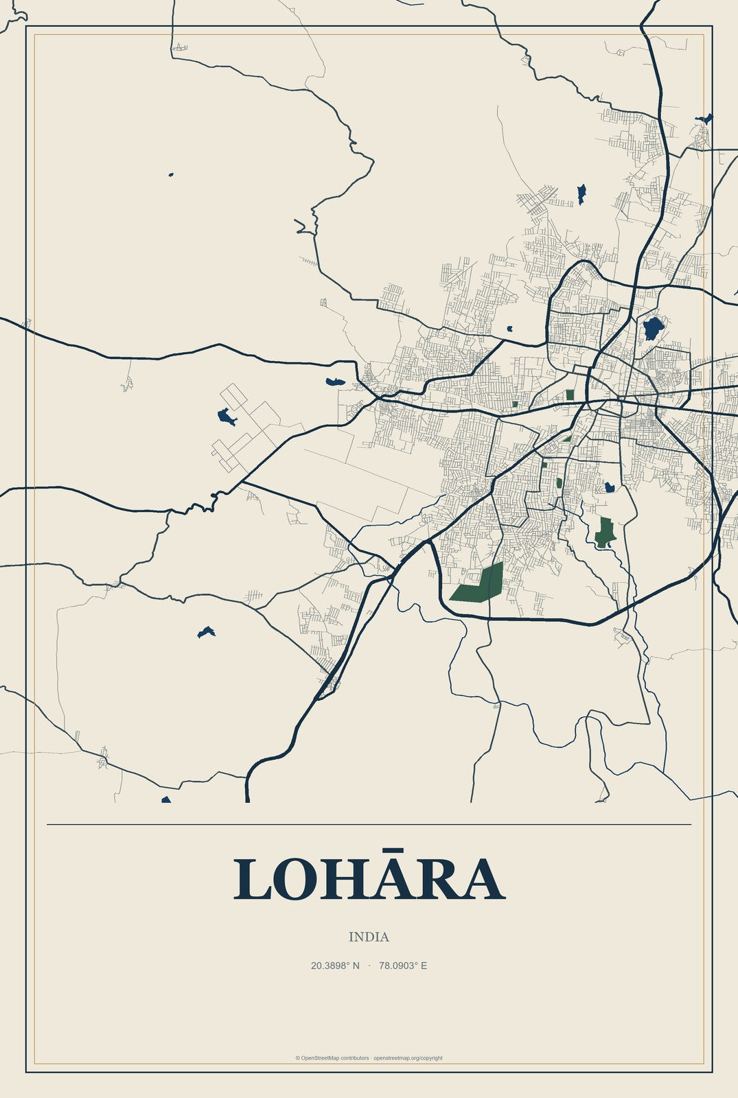 Lohāra, India City Map Aluminum Sign in Coastal Cutout style