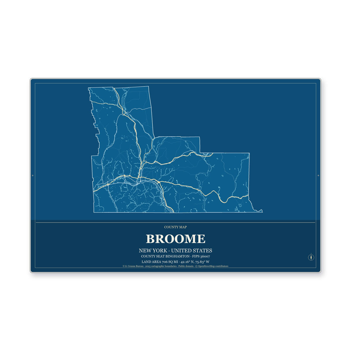 Broome County, New York Map Aluminum Sign in Harbor Cobalt style