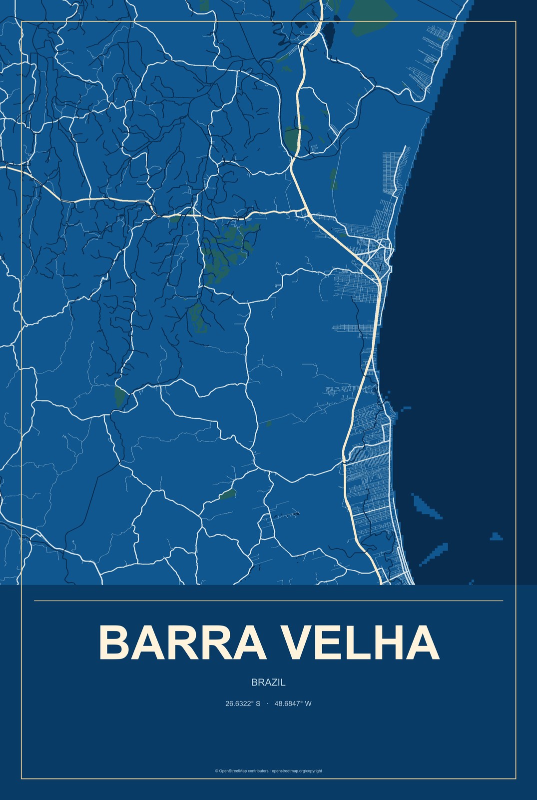 Barra Velha, Brazil City Map Aluminum Sign in Harbor Cobalt style