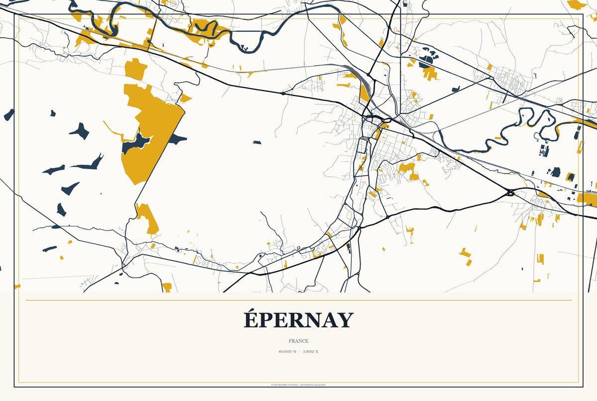 Épernay, France City Map Aluminum Sign in Citrine Modern style
