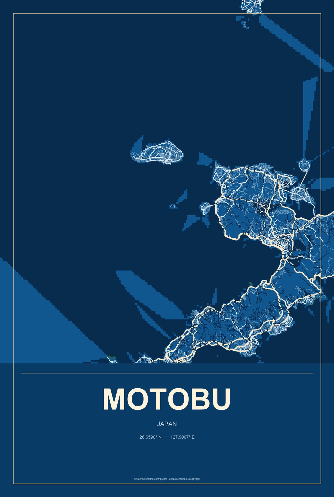 Motobu, Japan City Map Aluminum Sign in Harbor Cobalt style